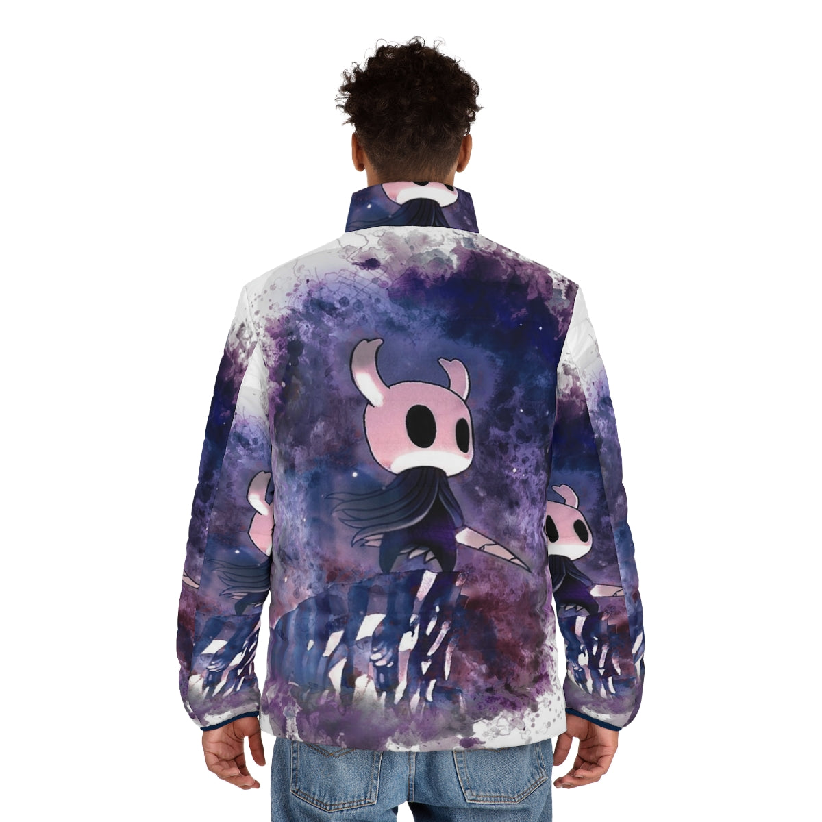 Hollow Knight inspired puffer jacket featuring game's iconic character and logo - men back