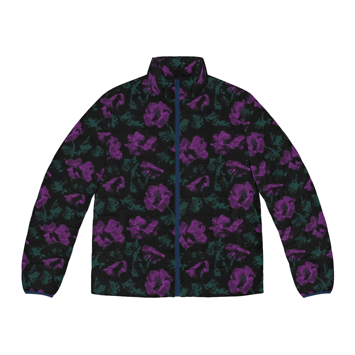 Anime-inspired purple puffer jacket with paisley print and musical instrument graphics