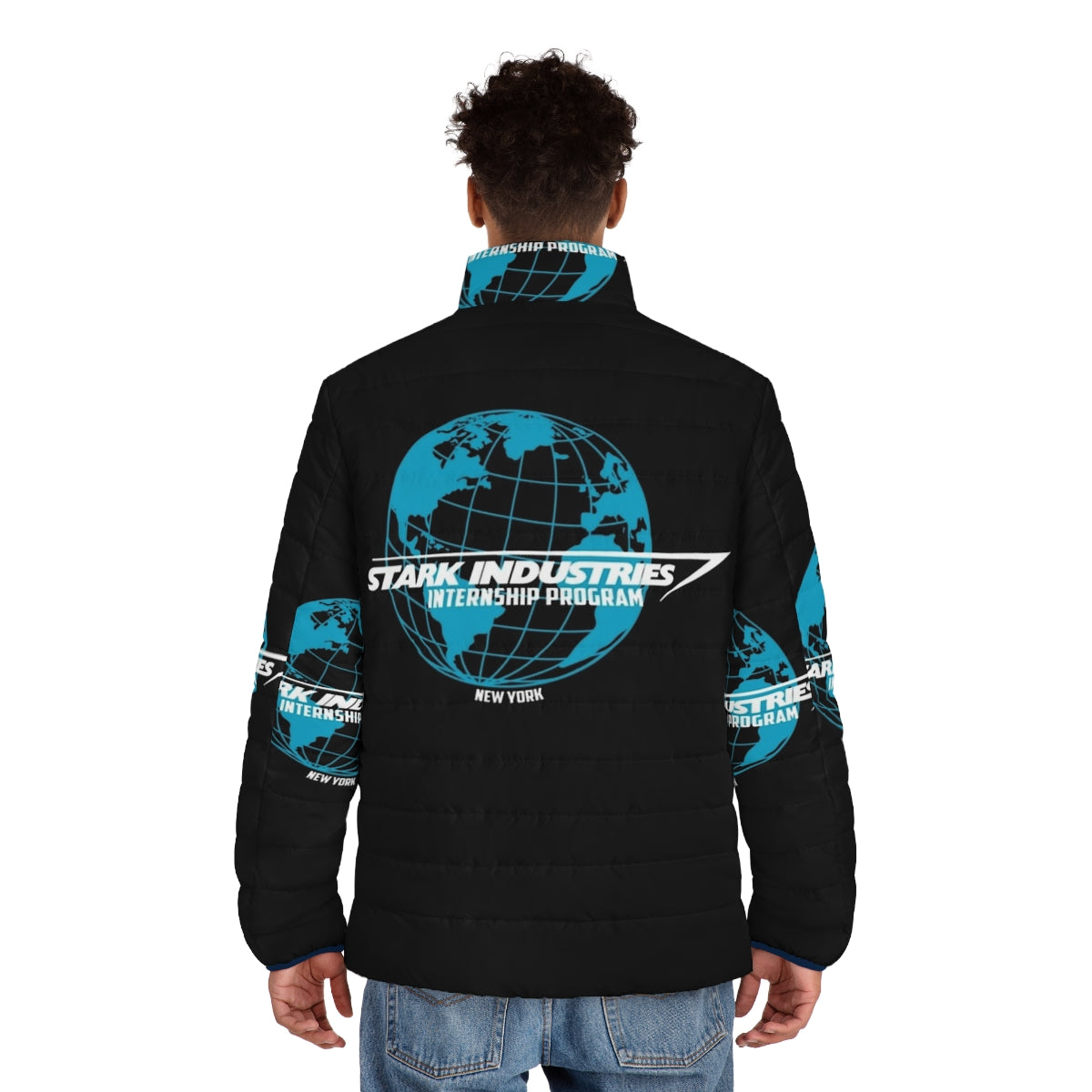 Stark Industries Internship Puffer Jacket featuring Iron Man and Spider-Man graphics - men back