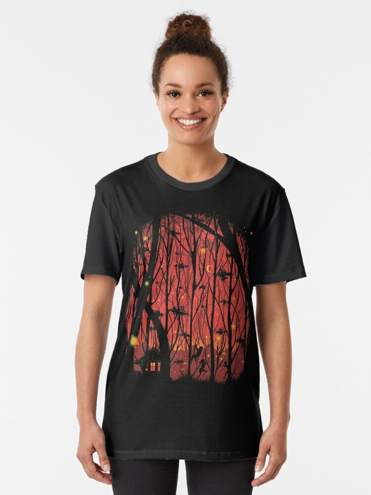 Whimsical fireflies glowing in a red forest at night on a graphic t-shirt design. - Women