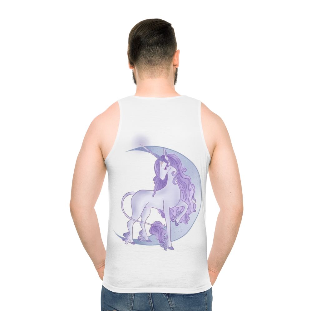 Unisex tank top featuring a magical white unicorn design with a crescent moon - men back