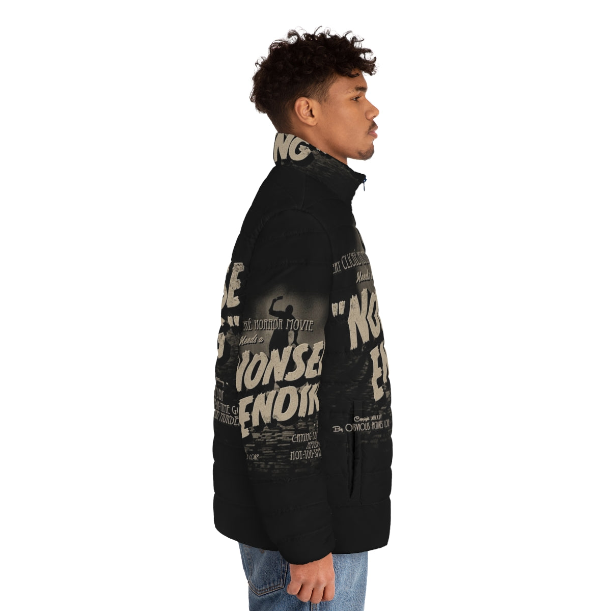 Vintage black and white puffer jacket with a chilling movie-inspired design - men side right