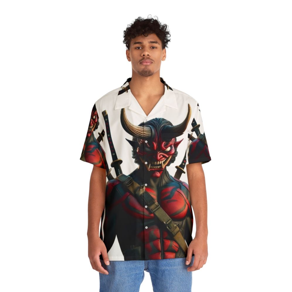 Onipool Hawaiian Shirt featuring Deadpool inspired oni and superhero design - People Front