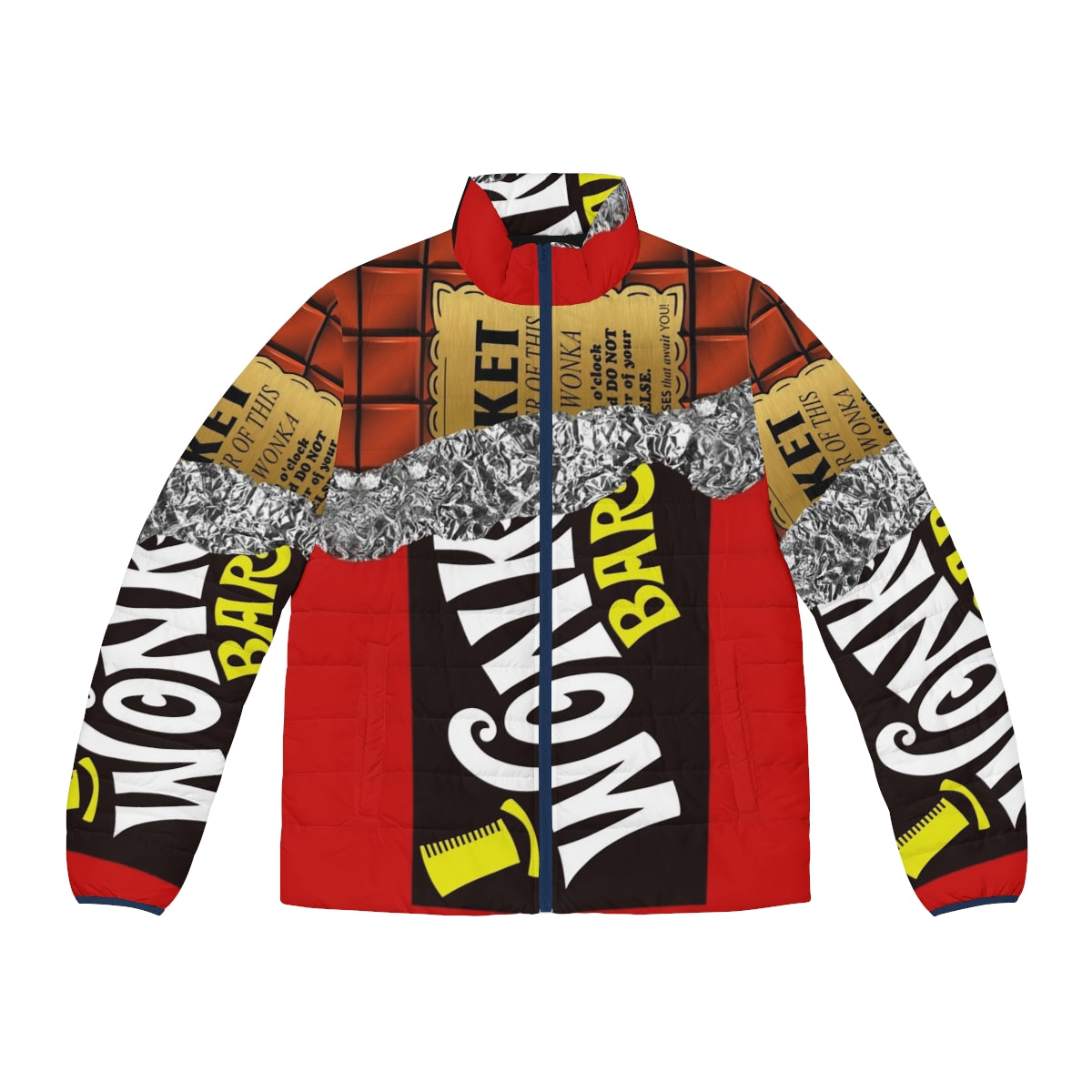 Wonka's Golden Ticket Chocolate Puffer Jacket with Retro Vintage Parody Design