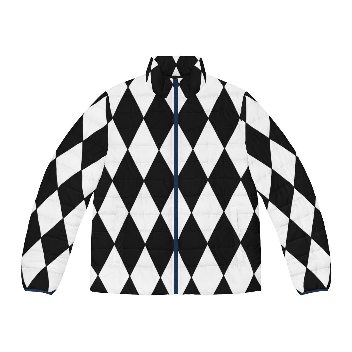 Black and white harlequin puffer jacket with diamond pattern design