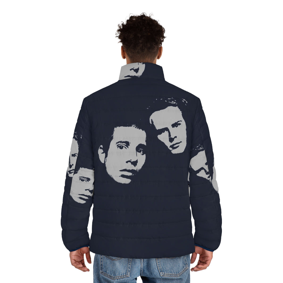 Retro soft music puffer jacket with Simon & Garfunkel tribute design - men back