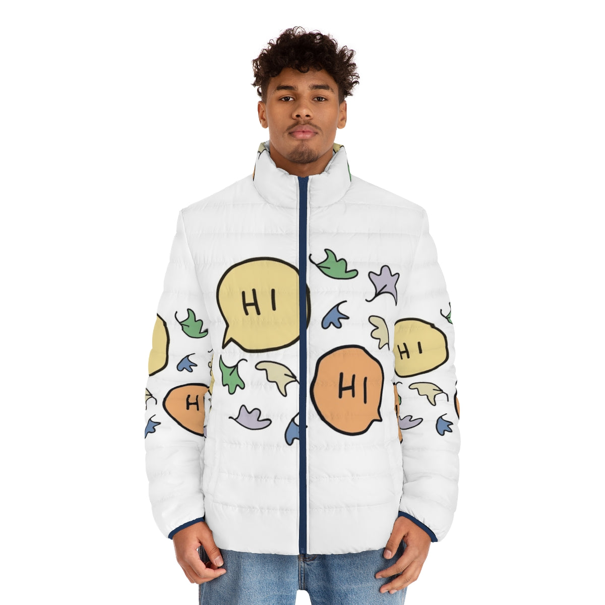 A cozy and stylish puffer jacket featuring a Heartstopper-inspired pastel leaves design. - men front