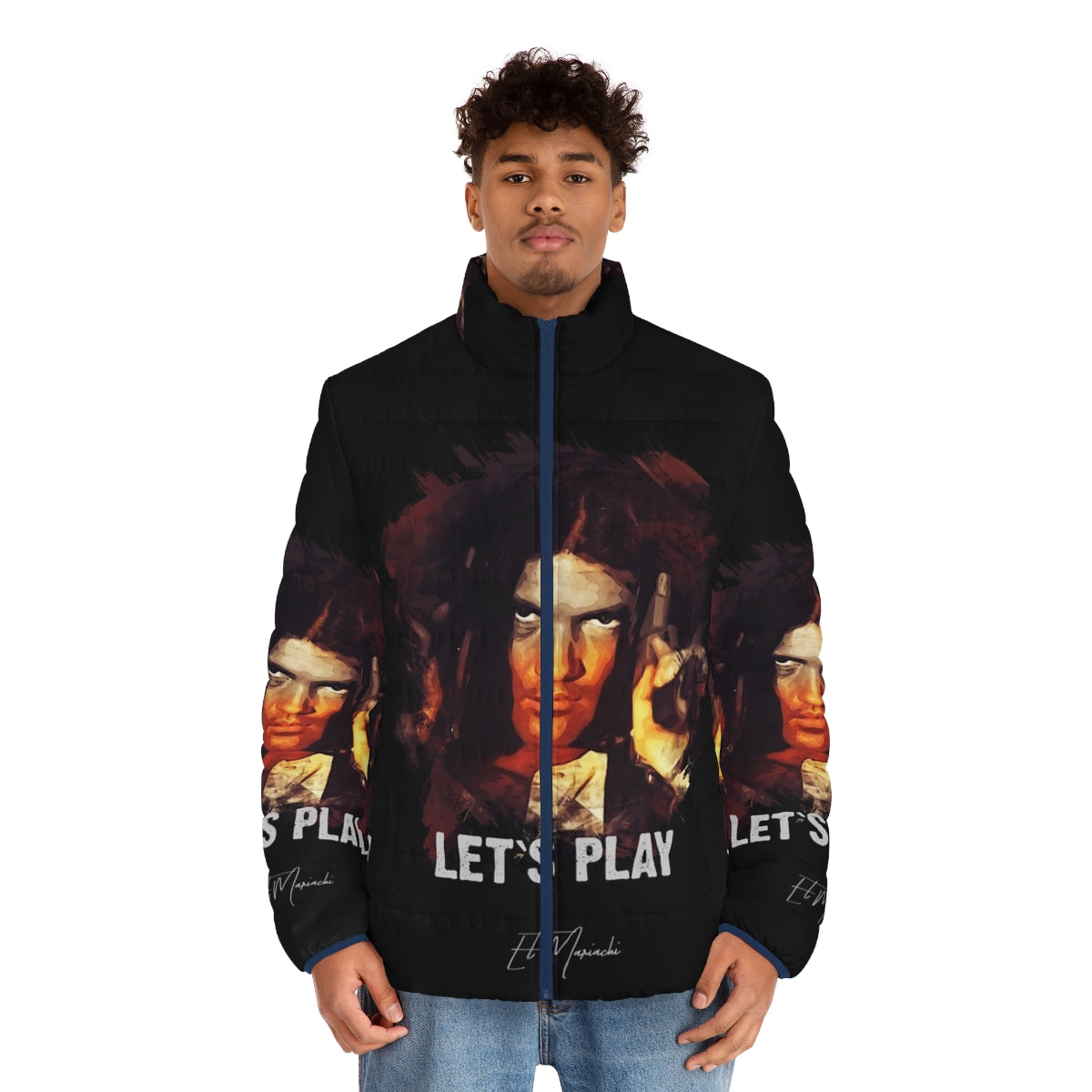 El Mariachi Puffer Jacket, featuring a guitar-playing protagonist from the iconic film - men front