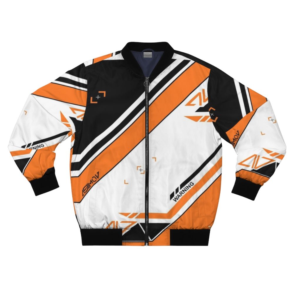 A bomber jacket with the iconic CSGO Asiimov skin design in shades of orange and black.