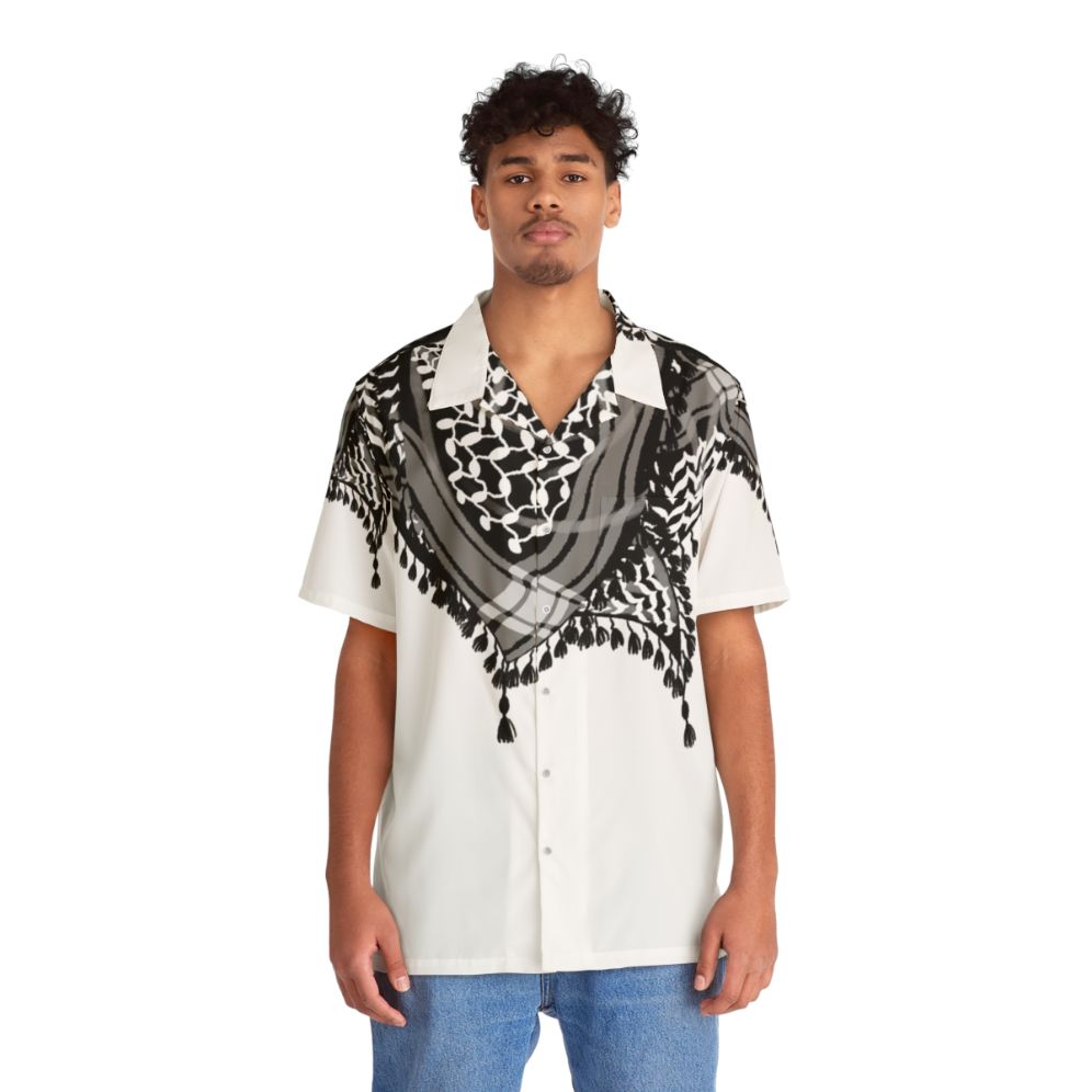 Black and white keffiyeh pattern Hawaiian shirt - People Front