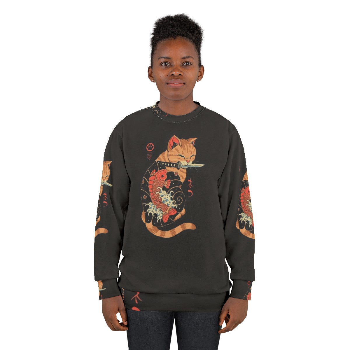 Retro cat sweatshirt with japanese carp tattoo design - women