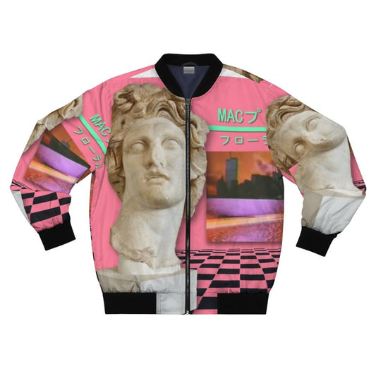 Vaporwave-inspired floral print bomber jacket with Macintosh Plus aesthetic