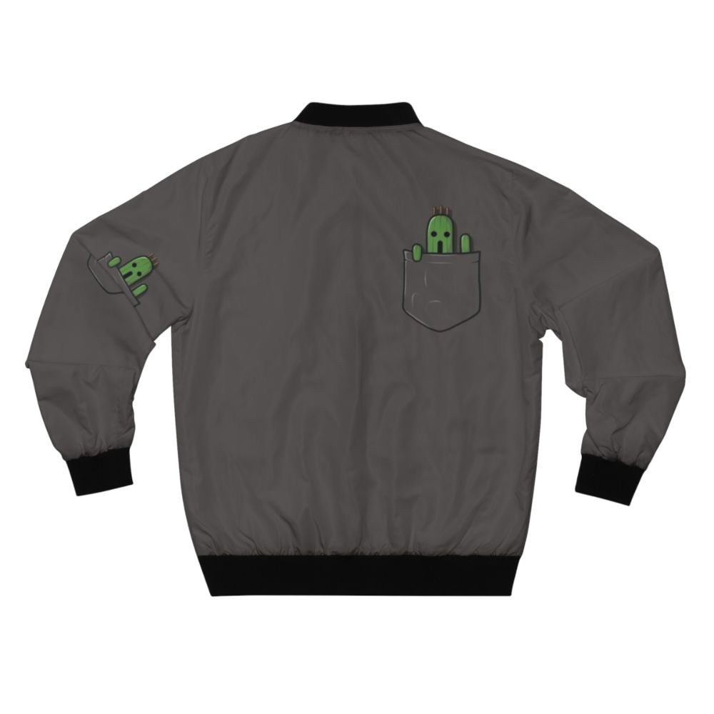 A bomber jacket featuring a cute cactuar design, inspired by the Final Fantasy video game series. - Back