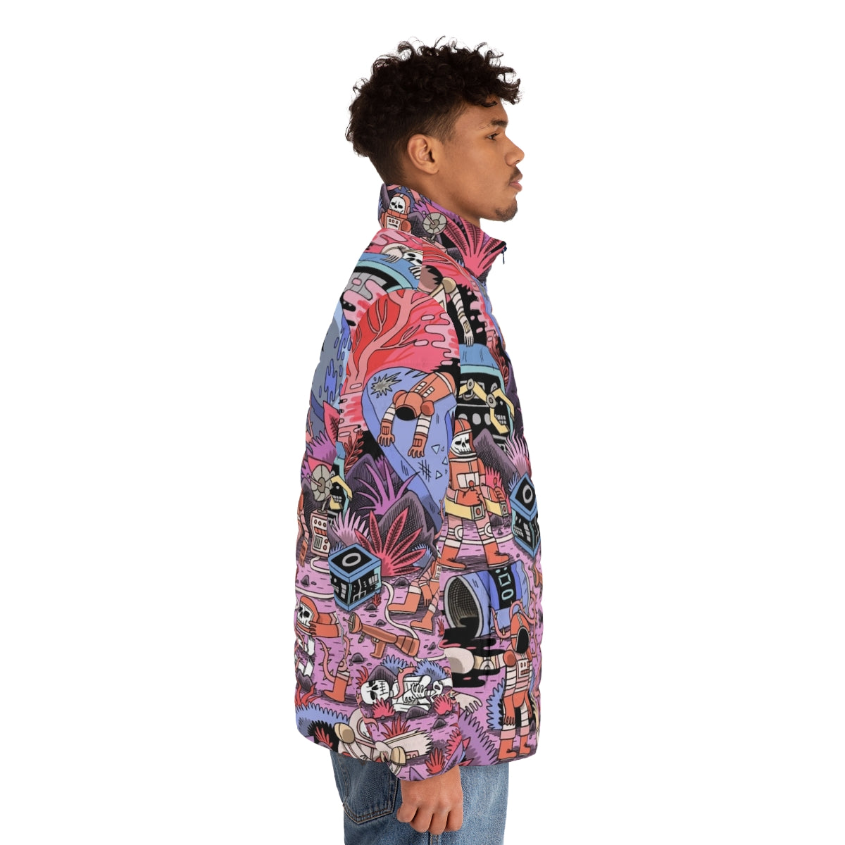 Chaos Puffer Jacket with detailed sci-fi and fantasy inspired design - men side right