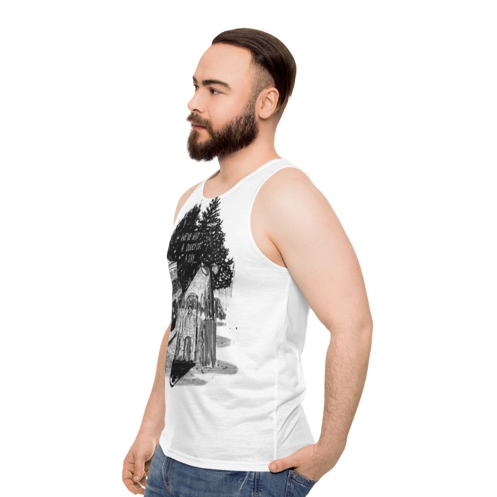 Unisex tank top with "We've Had a Doozy of a Day" horror movie design - men side