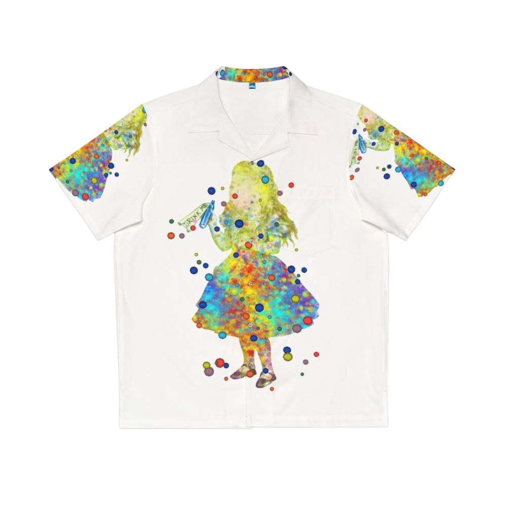 Whimsical Alice in Wonderland watercolor art printed on a colorful Hawaiian shirt