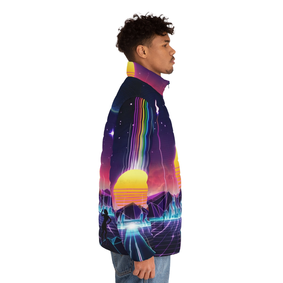 Neon Sunrise Retro Futuristic Puffer Jacket with video game and space exploration inspired design - men side right