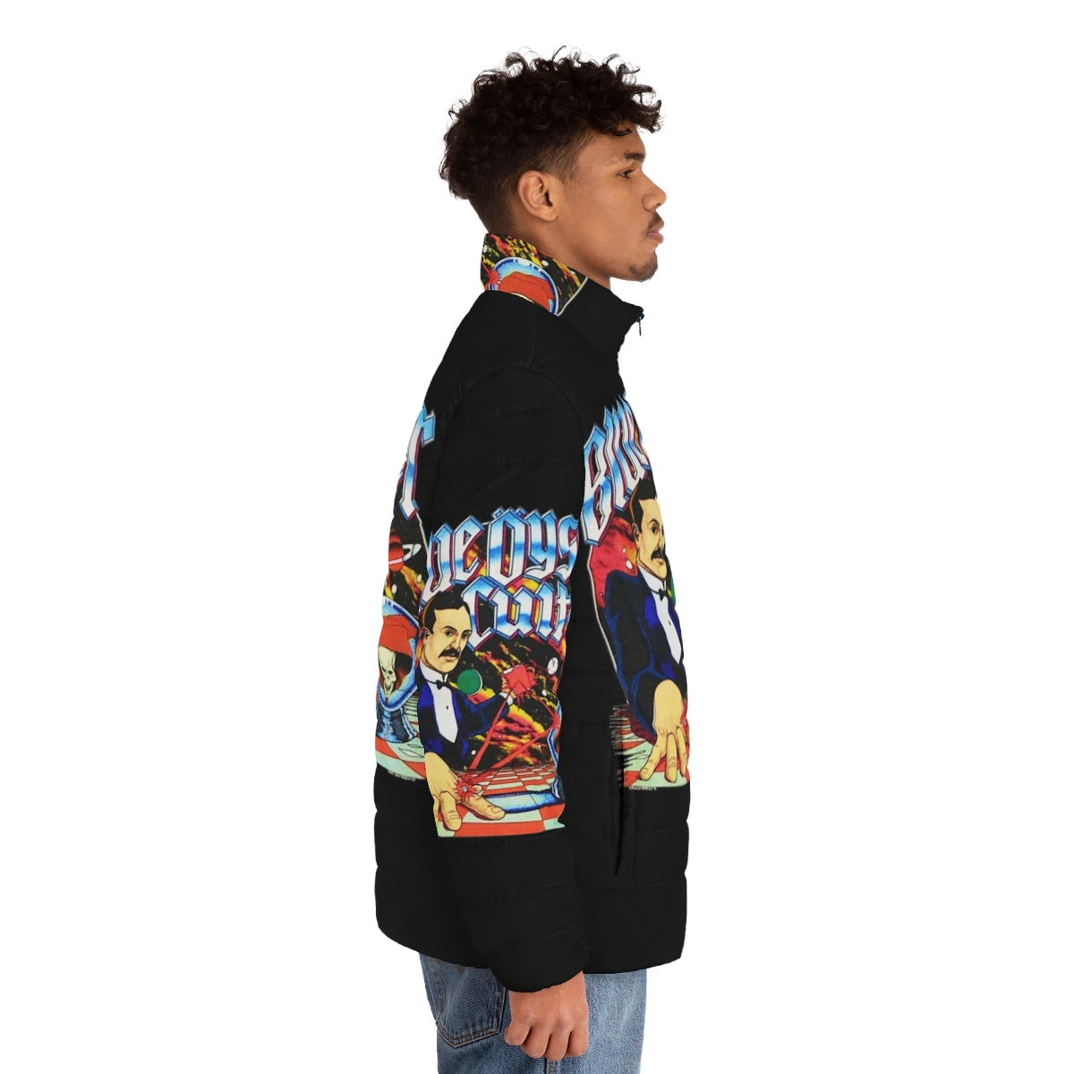 Blue Oyster Cult inspired puffer jacket featuring the iconic band logo - men side right