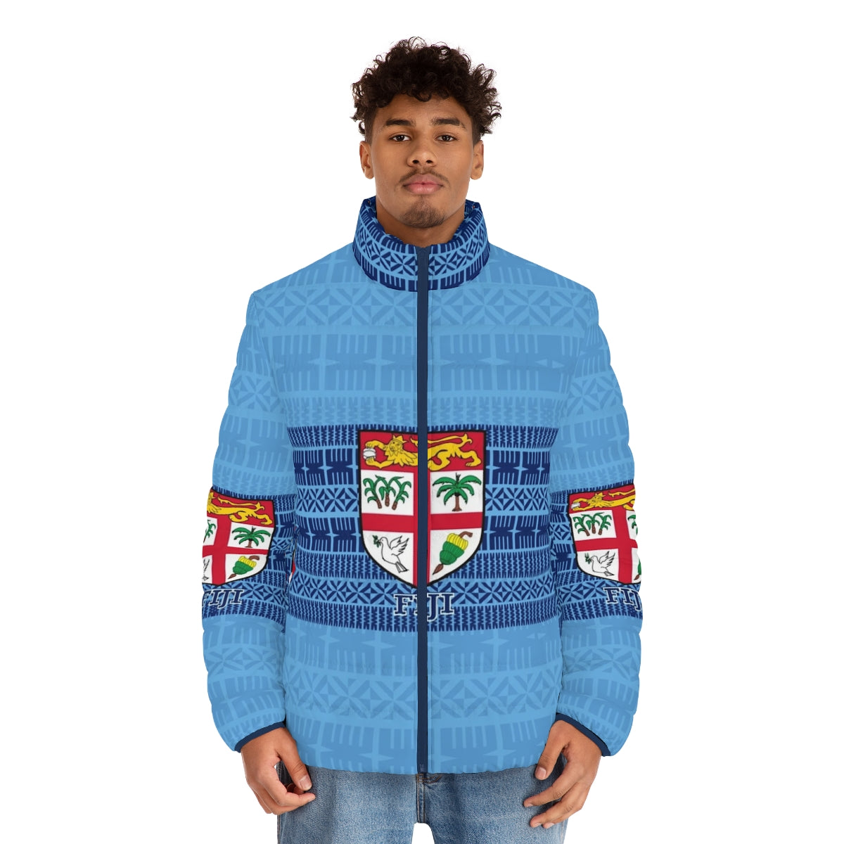 Blue puffer jacket featuring Fijian masi tapa design and Fiji flag - men front