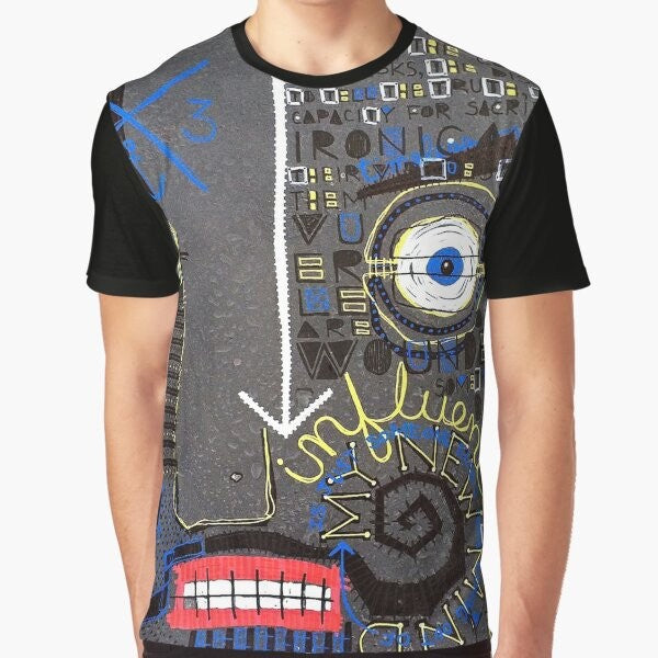 Influence graphic t-shirt featuring abstract face with mustache design in Basquiat style by Mijumi