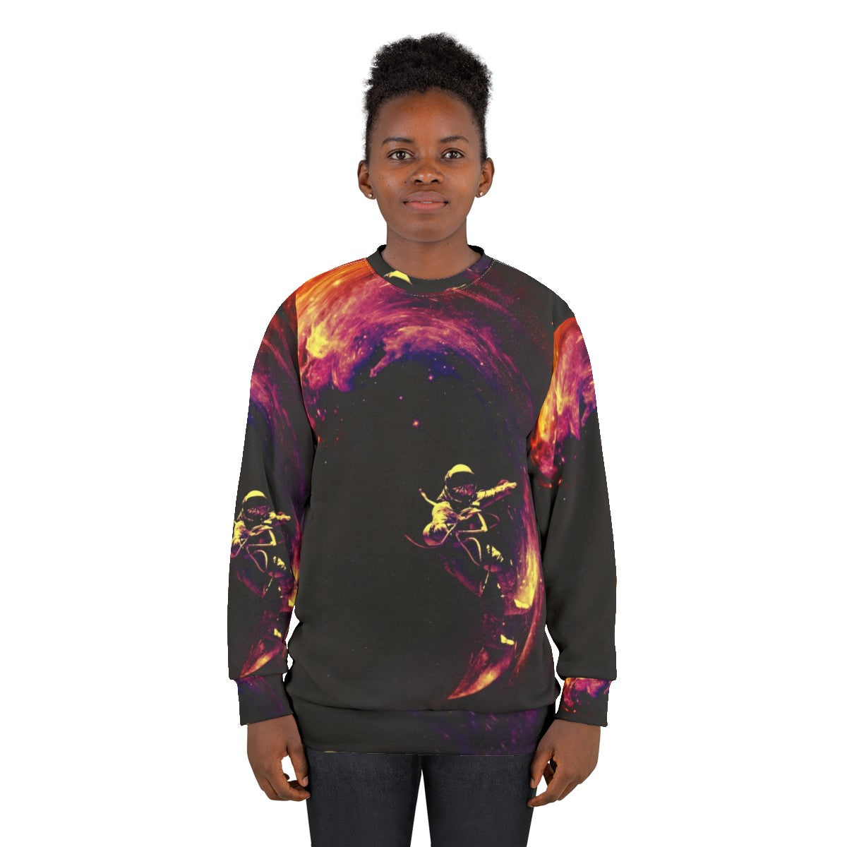 Cosmic Surfing Space Sweatshirt with Intergalactic Design - women