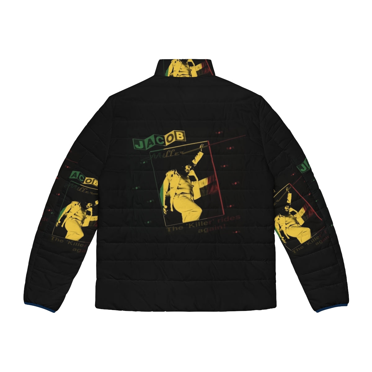 Rasta-inspired Jacob Miller puffer jacket with vibrant colors and reggae vibes - Back