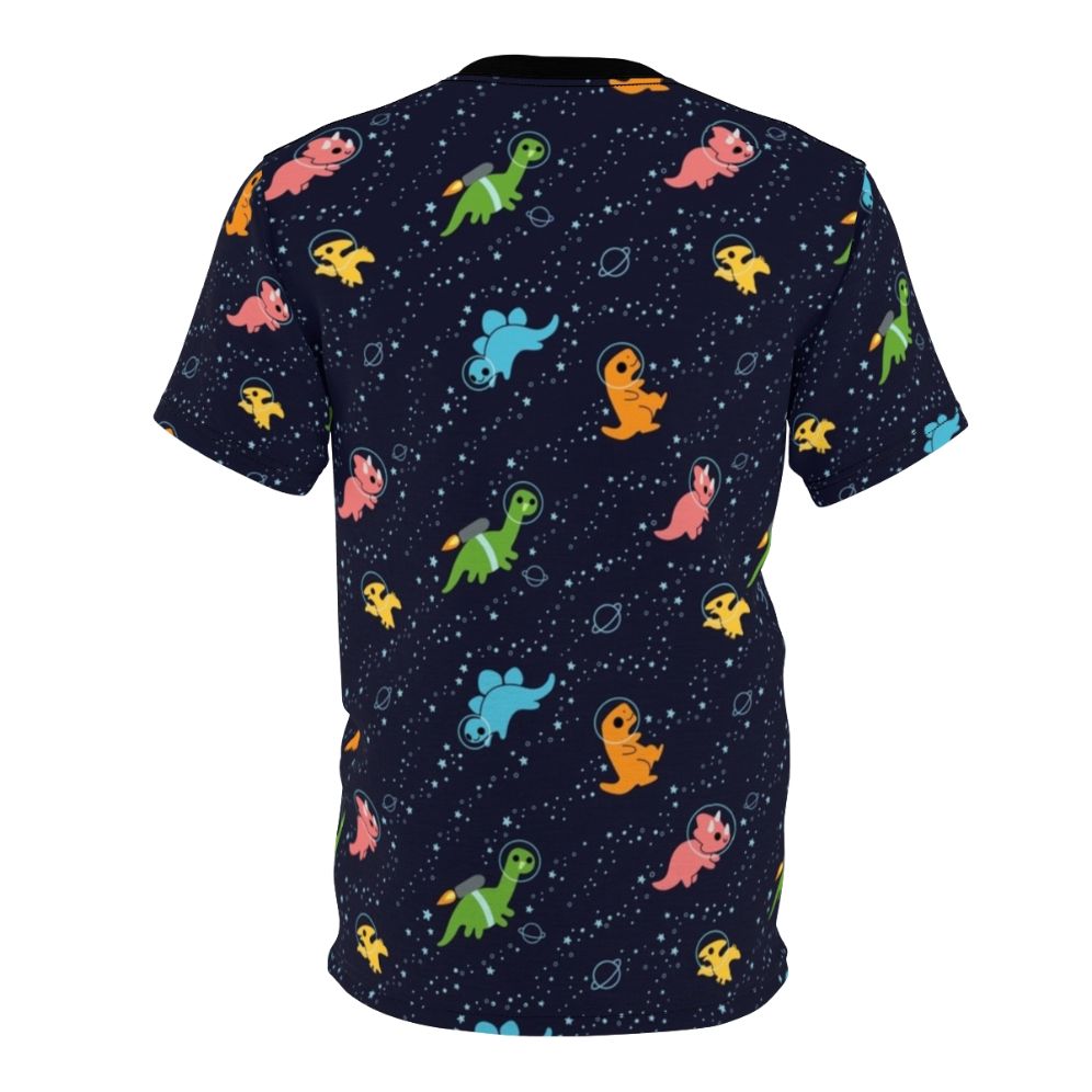 Illustrated design of a cute brontosaurus dinosaur wearing an astronaut suit and jetpack, floating in a night sky filled with stars, galaxies, and planets. - Back