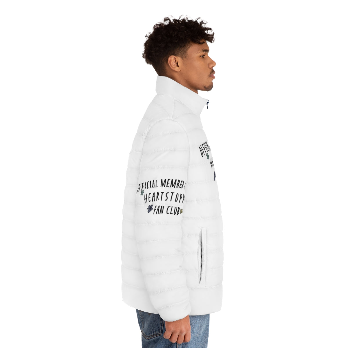 Heartstopper themed puffer jacket featuring the Heartstopper logo - men side right