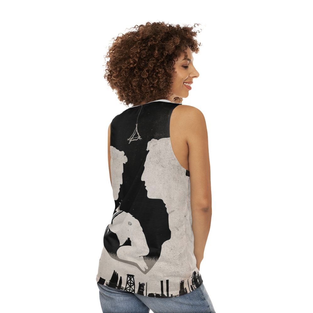 True Detective Unisex Tank Top with Minimalist Spiral Design - women back