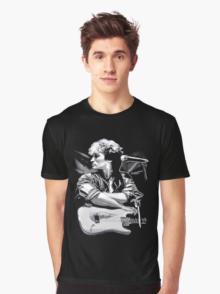 Graphic t-shirt featuring the portrait of Viktor Tsoi, a legendary Russian rock musician, playing guitar - Men