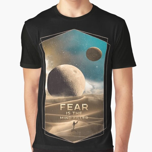 Dune movie inspired graphic t-shirt featuring the moons of Arrakis and the Muad'Dib icon