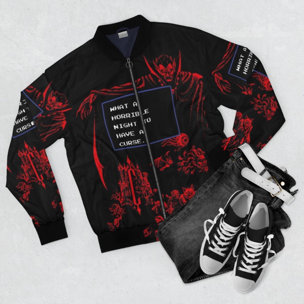 Retro pixel bomber jacket with Castlevania inspired design - Flat lay