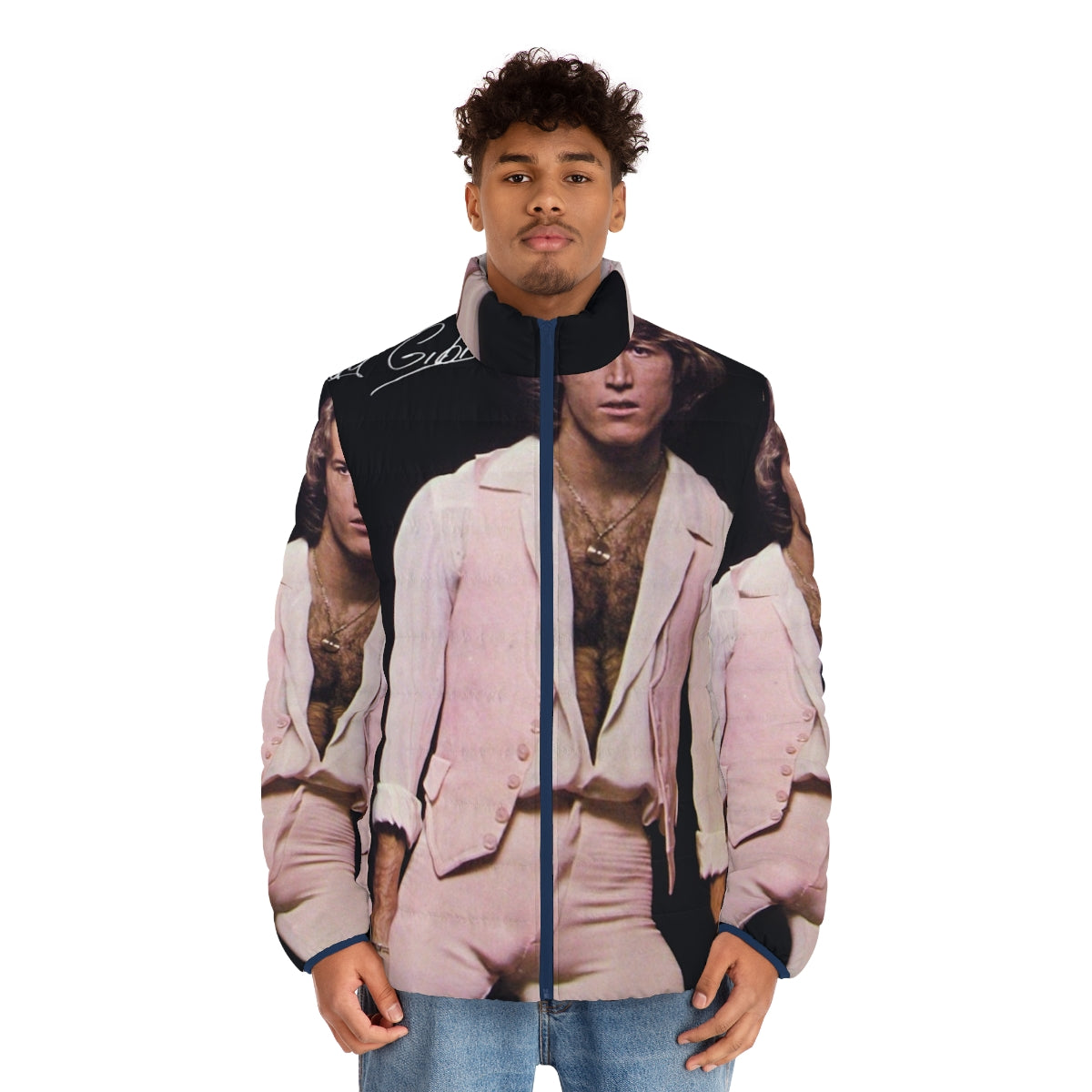 Vibrant puffer jacket with Andy Warhol-inspired photo print - men front