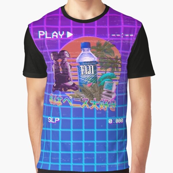 Retro vaporwave-style graphic t-shirt featuring a Fiji water bottle design with palm trees, dolphins, and other 80s/90s inspired elements.