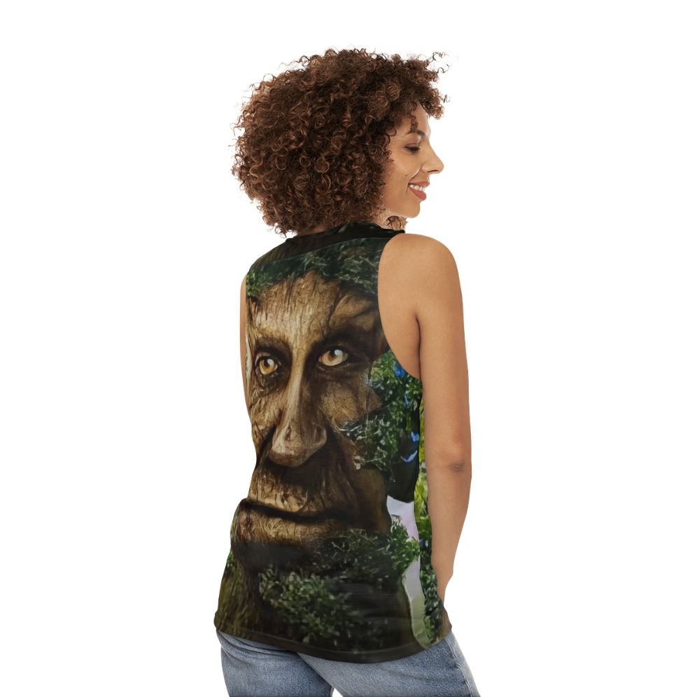 Unisex tank top with a wise tree meme design - women back