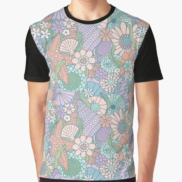 Ocean Garden Mermaid Cove Graphic T-Shirt featuring whimsical floral and seashell designs