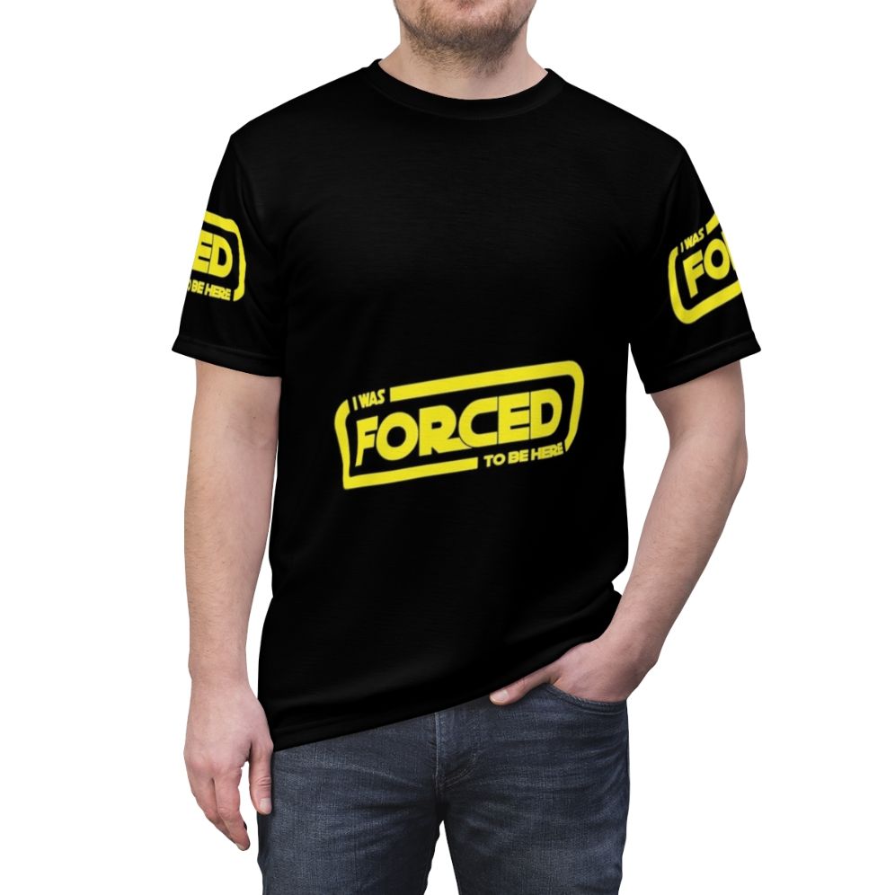 Space sci-fi t-shirt with "Forced to Be Here" design - men front