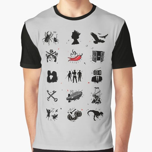 A graphic t-shirt featuring the logos and artwork of iconic rock bands from the 60s, 70s, 80s, and 90s.