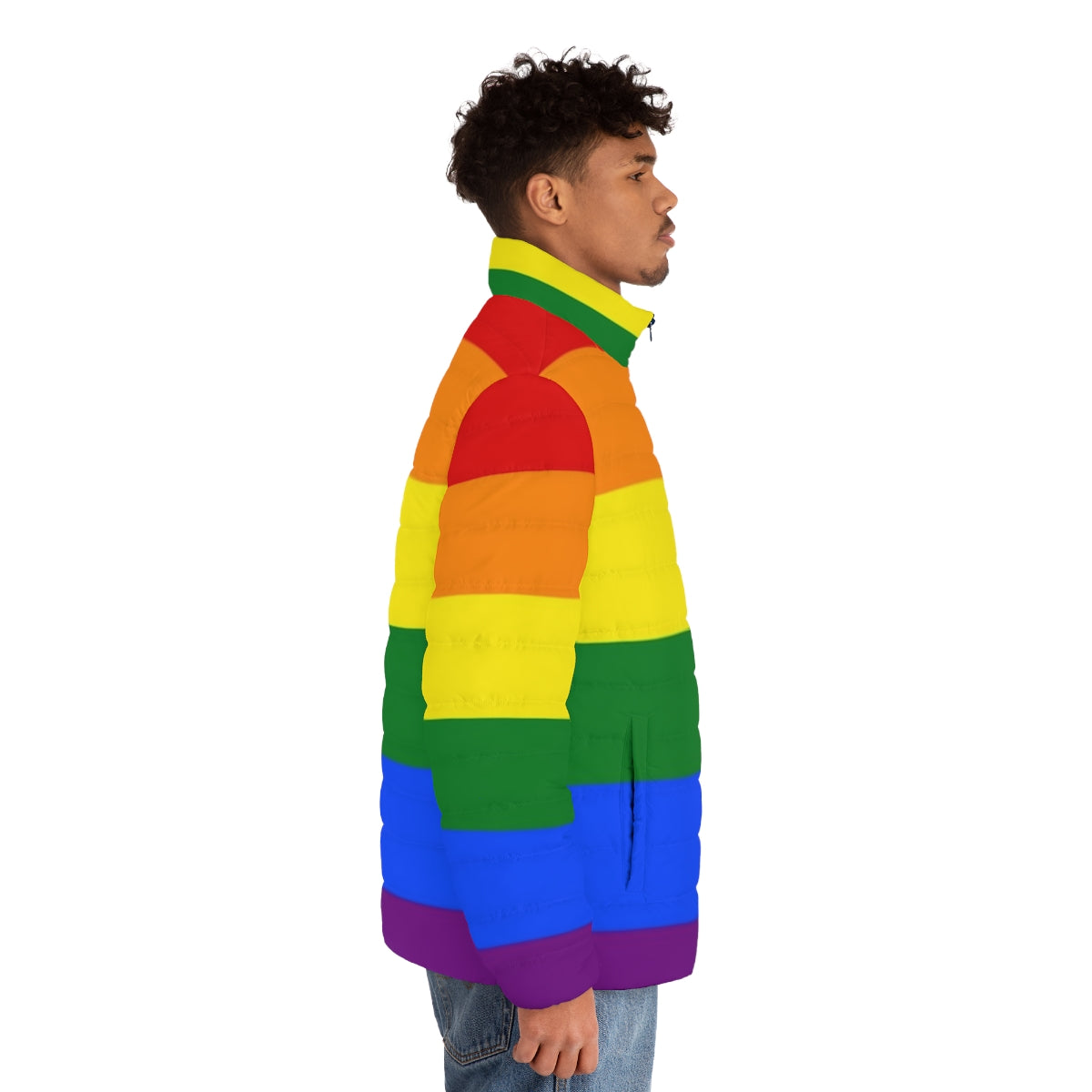 LGBTQIA+ Pride Rainbow Puffer Jacket, showcasing a vibrant rainbow design - men side right