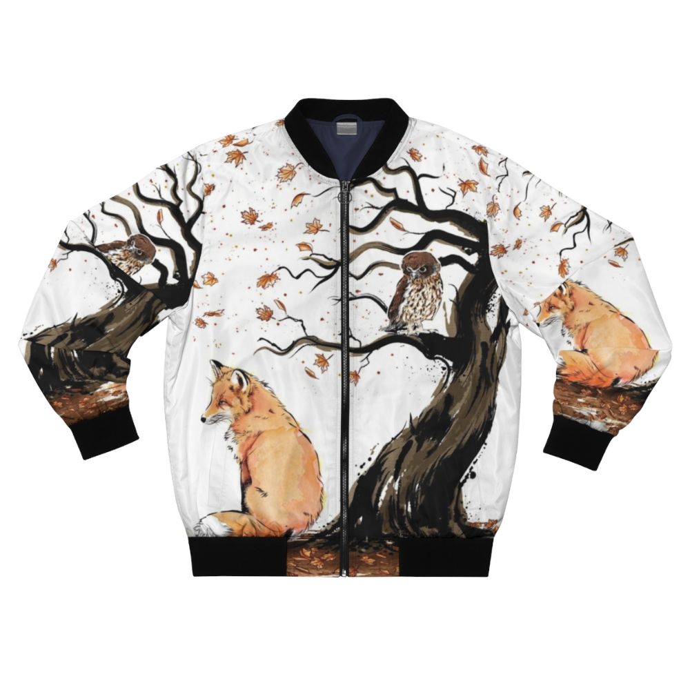 Autumn nature watercolor bomber jacket with fox, owl, and bird designs