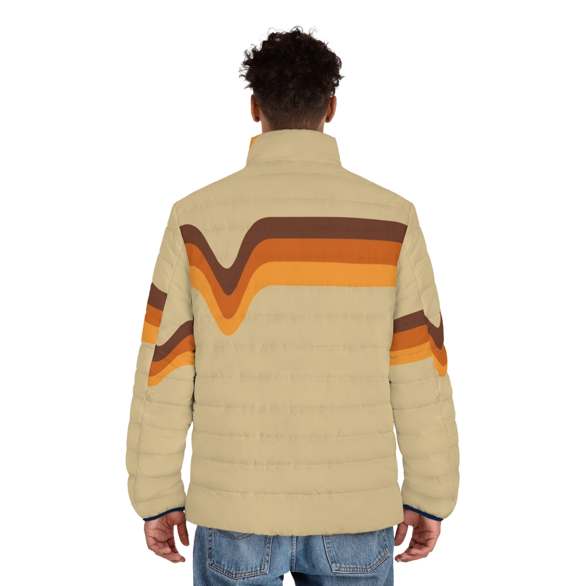 Retro 1970s puffer jacket with brown, orange and yellow chevron stripes - men back