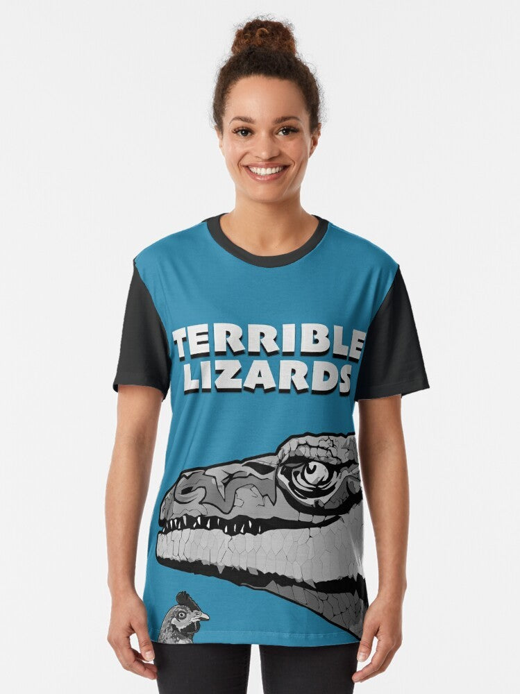 Terrible Lizards Graphic T-Shirt featuring a dinosaur, megalosaurus, and other prehistoric creatures - Women