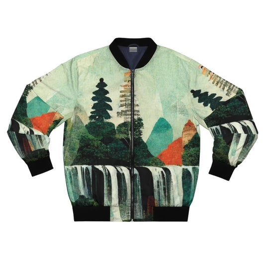 A bomber jacket featuring a collage of beautiful waterfall artwork, created using AI technology to capture the essence of nature and the great outdoors.