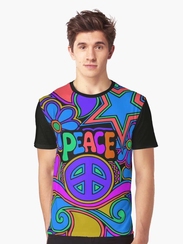 Retro hippie-inspired t-shirt with colorful flower and peace design - Men