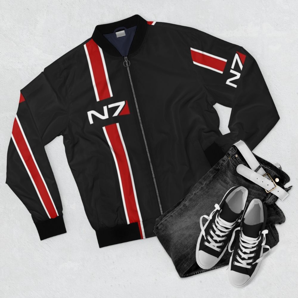 N7 Mass Effect Bomber Jacket featuring the iconic N7 emblem and Commander Shepard imagery - Flat lay