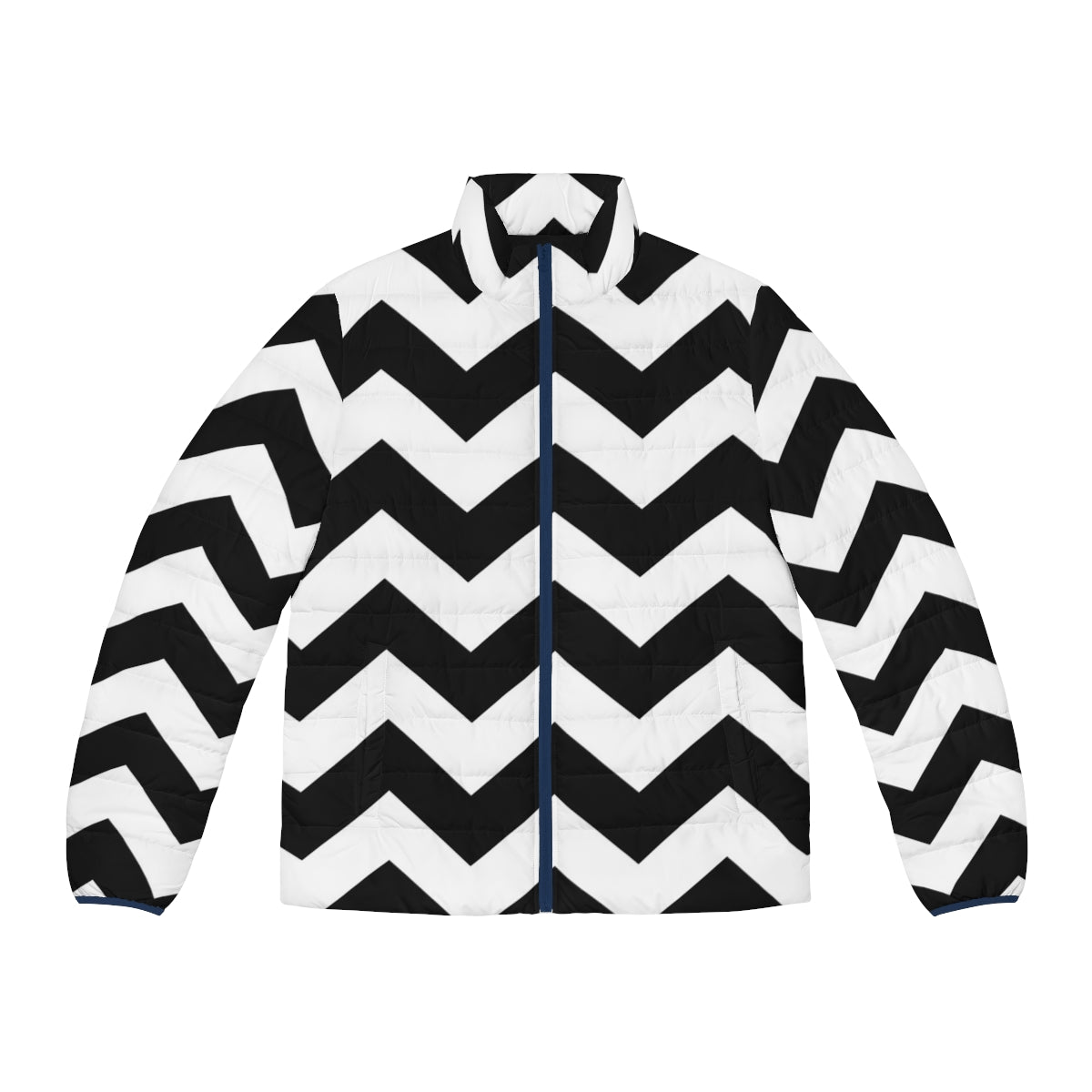 Black and white zig zag puffer jacket with a modern, geometric pattern