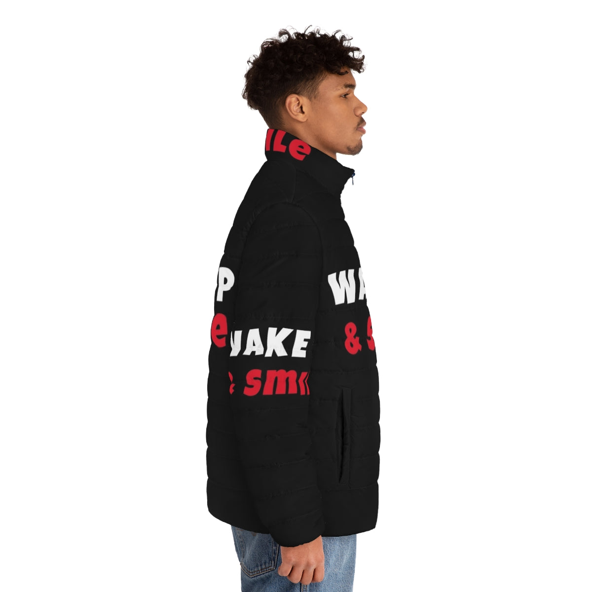 Vibrant puffer jacket with "Wake Up and Smile" text, perfect for active lifestyles - men side right