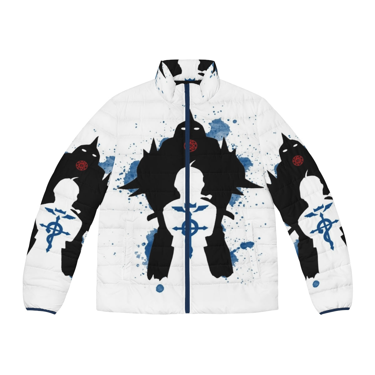 Fullmetal Alchemist puffer jacket with alchemy circle design and anime character graphics