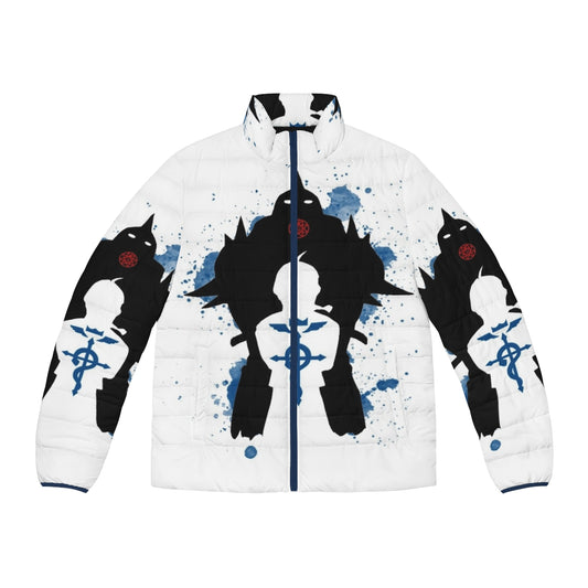 Fullmetal Alchemist puffer jacket with alchemy circle design and anime character graphics