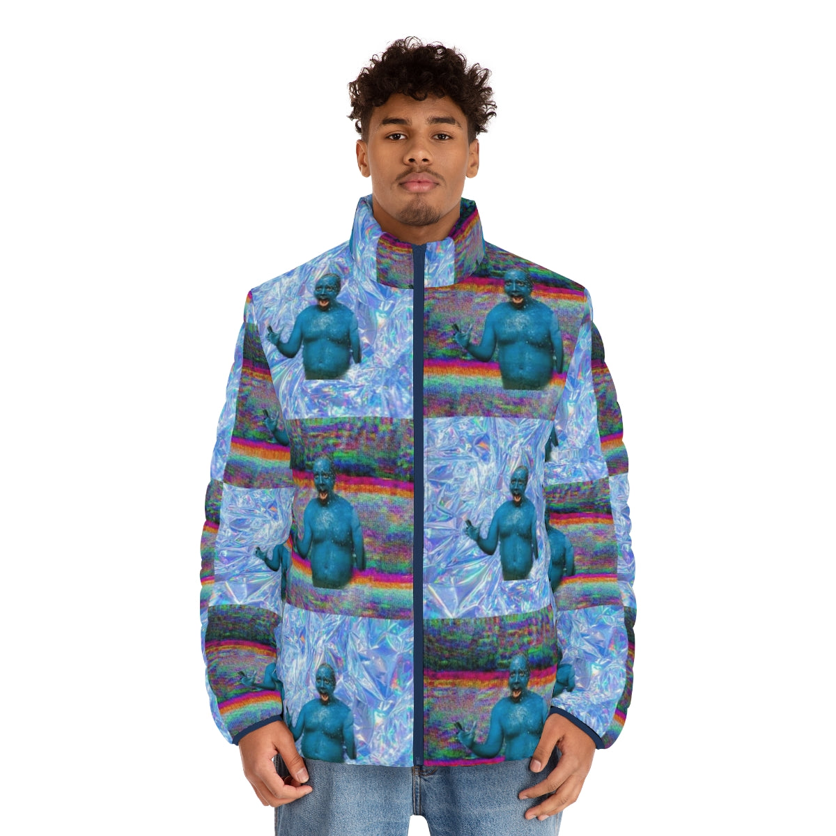 Marty Wolf puffer jacket from the movie "Big Fat Liar" with a vaporwave, glitch, and holographic aesthetic - men front